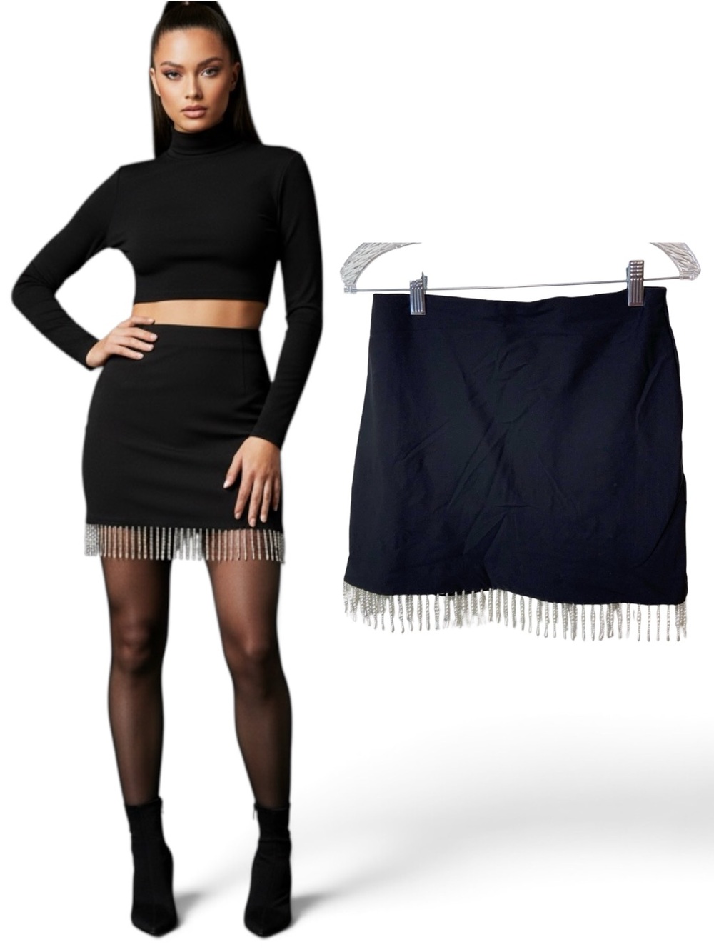 House of Harlow 1960 Body Con Mini Skirt with Pearl Fringe Size 2 NWOT